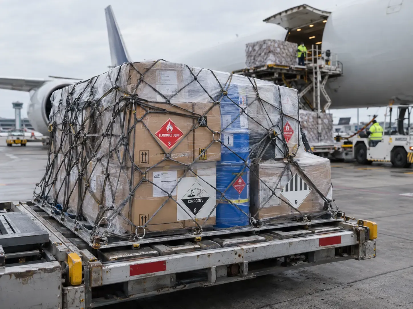 Placarded drums and crates loaded through a freighter side door at dusk