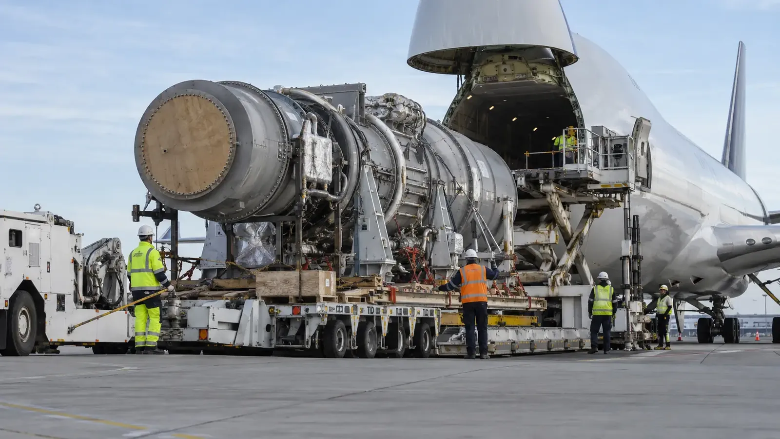 Heavy module at an open freighter nose