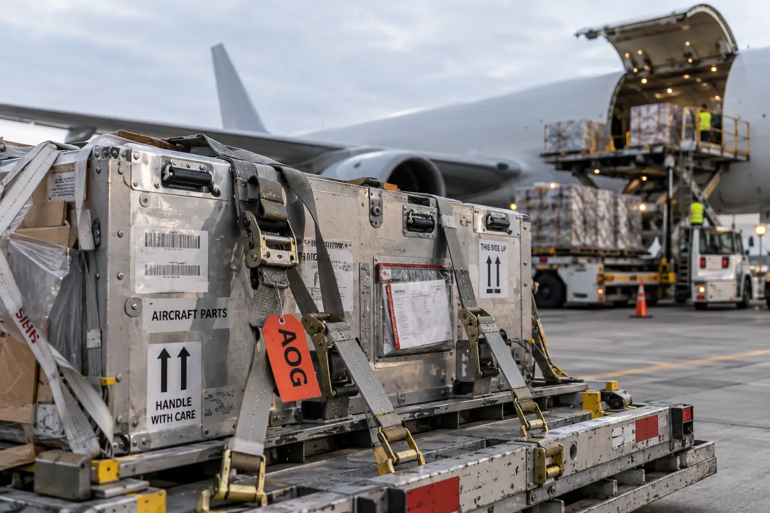 CCN aircraft-parts containers with an orange AOG priority tag beside a freighter