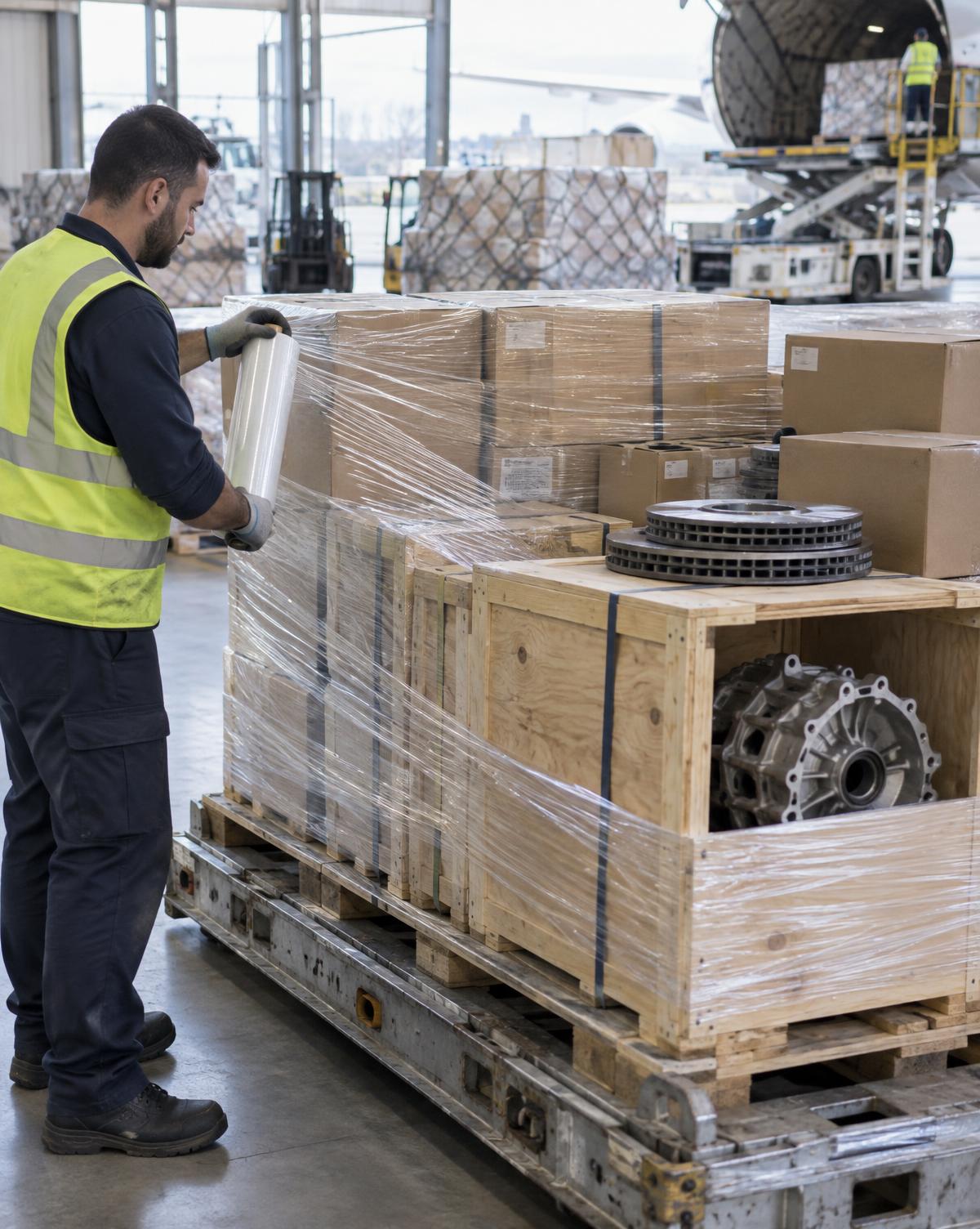 Steel part racks and stillages wrapped for airfreight at a plant dock