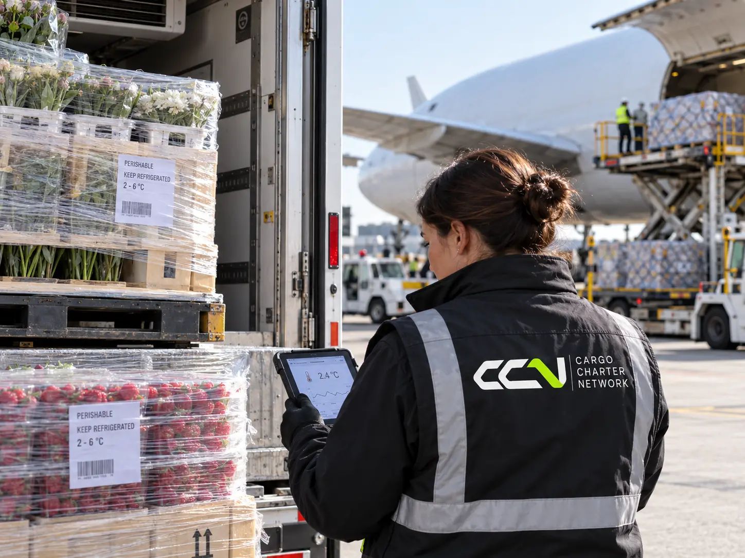 Staff member checking the temperature of flower and strawberry pallets at a reefer truck
