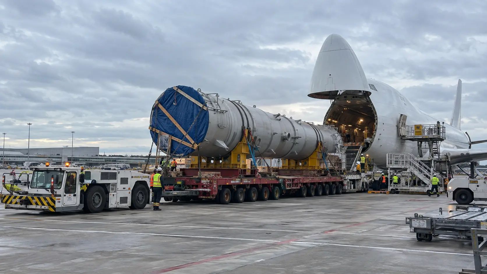 Large reactor vessel on a multi-axle low-bed trailer in front of an open 747 freighter nose