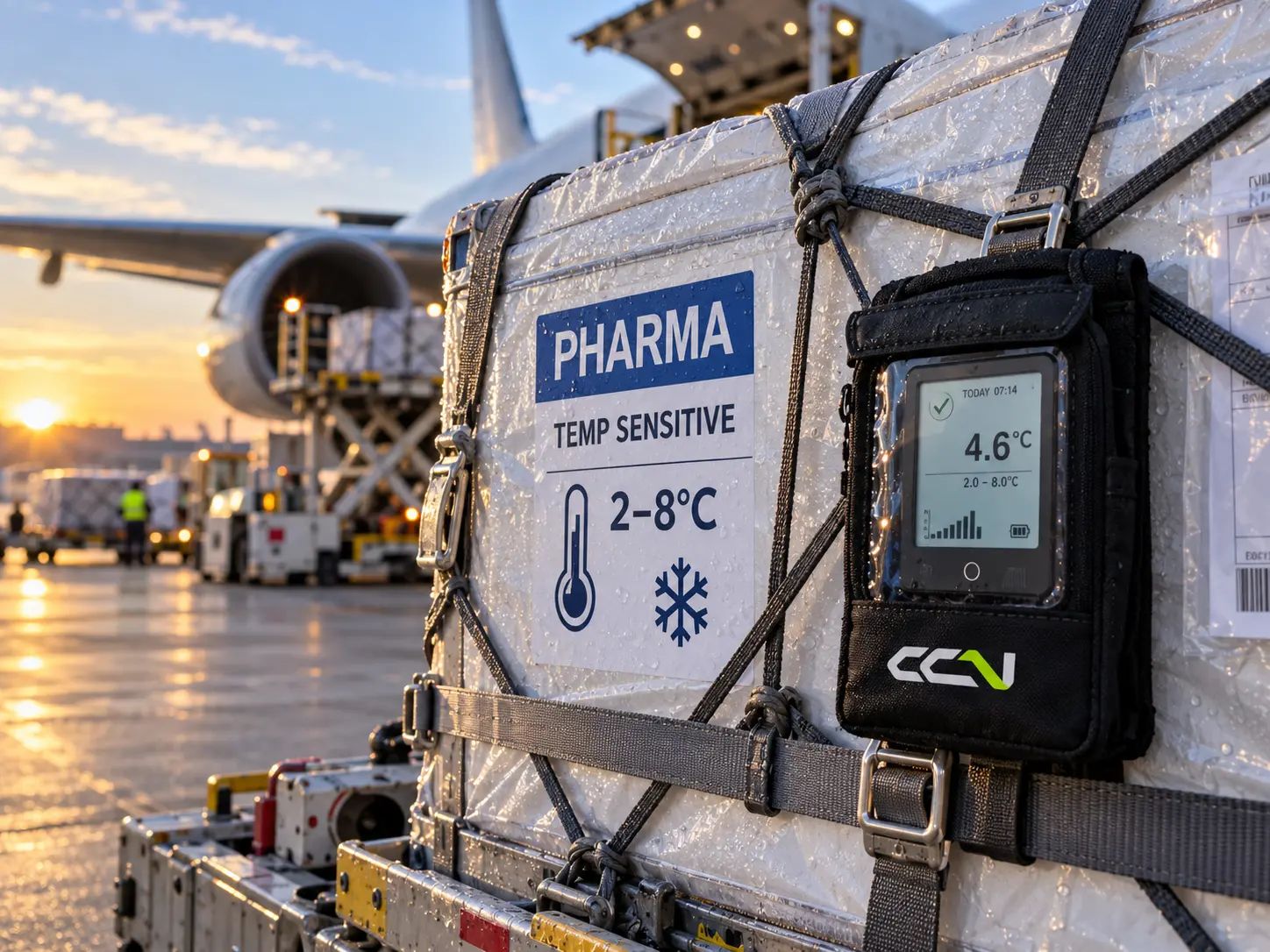 Pharma container with a temperature logger in front of a freighter at sunrise
