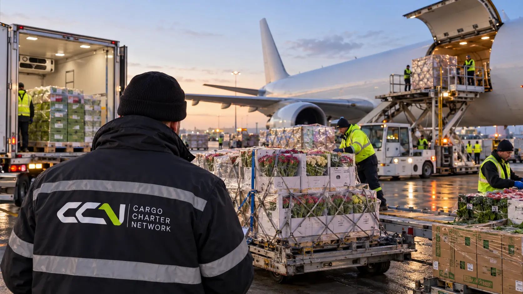 Flower and fresh-produce pallets being loaded into a freighter at dusk