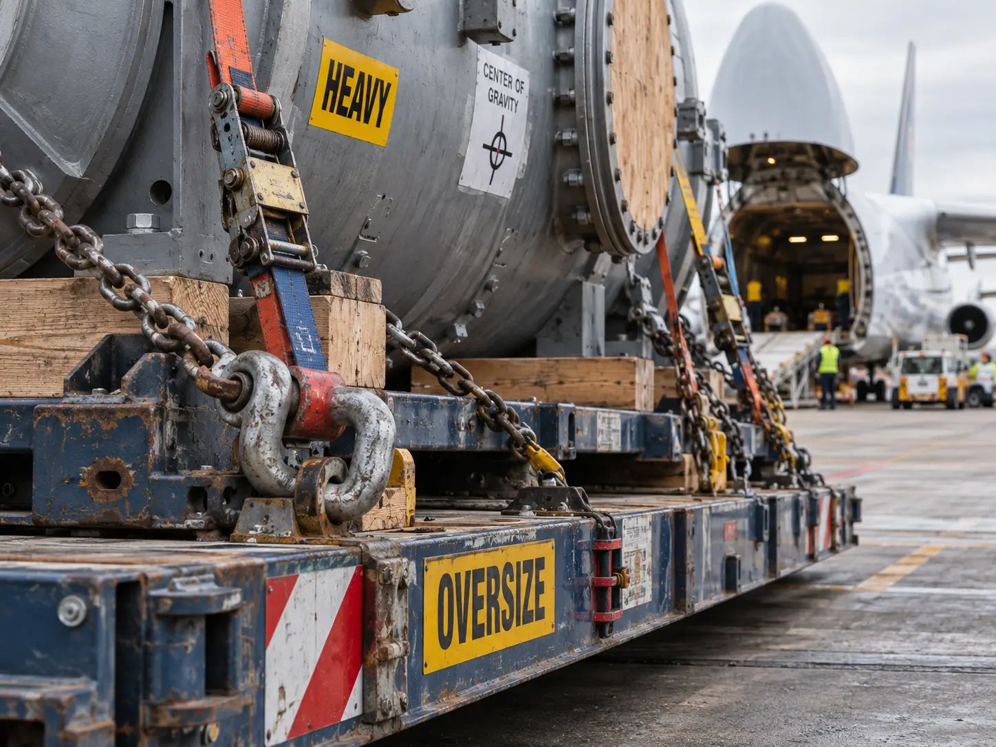 Heavy oversized cargo chained to a low-bed trailer in front of a freighter