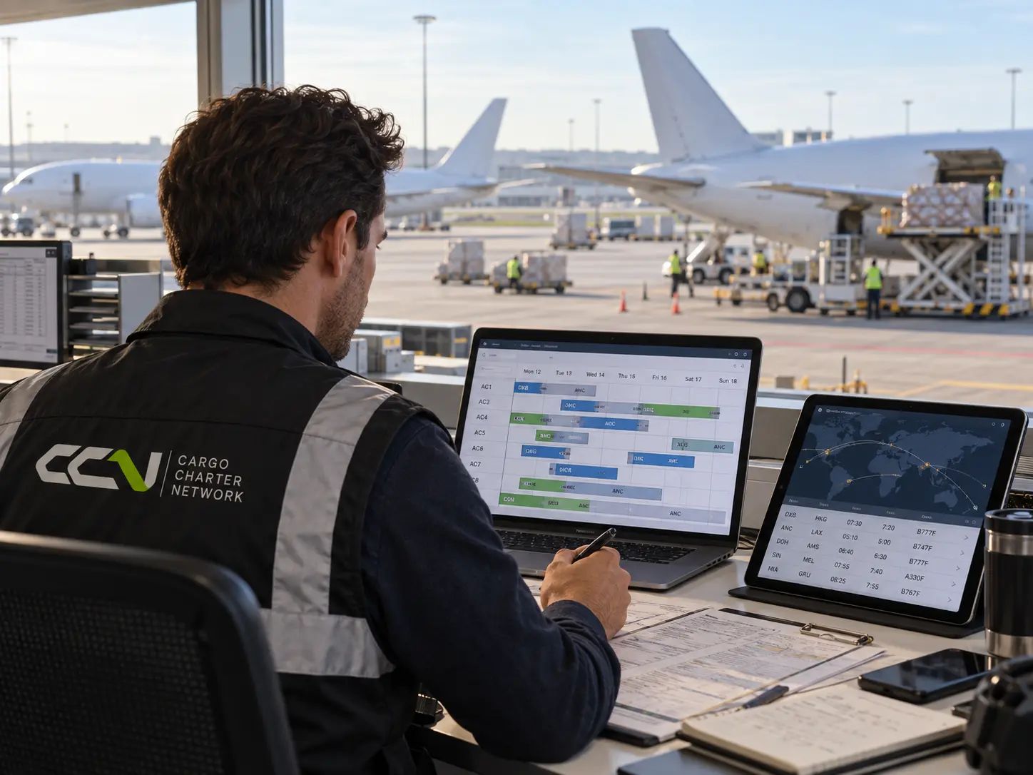 Planner at a window with a flight schedule on a laptop, freighters on the apron behind