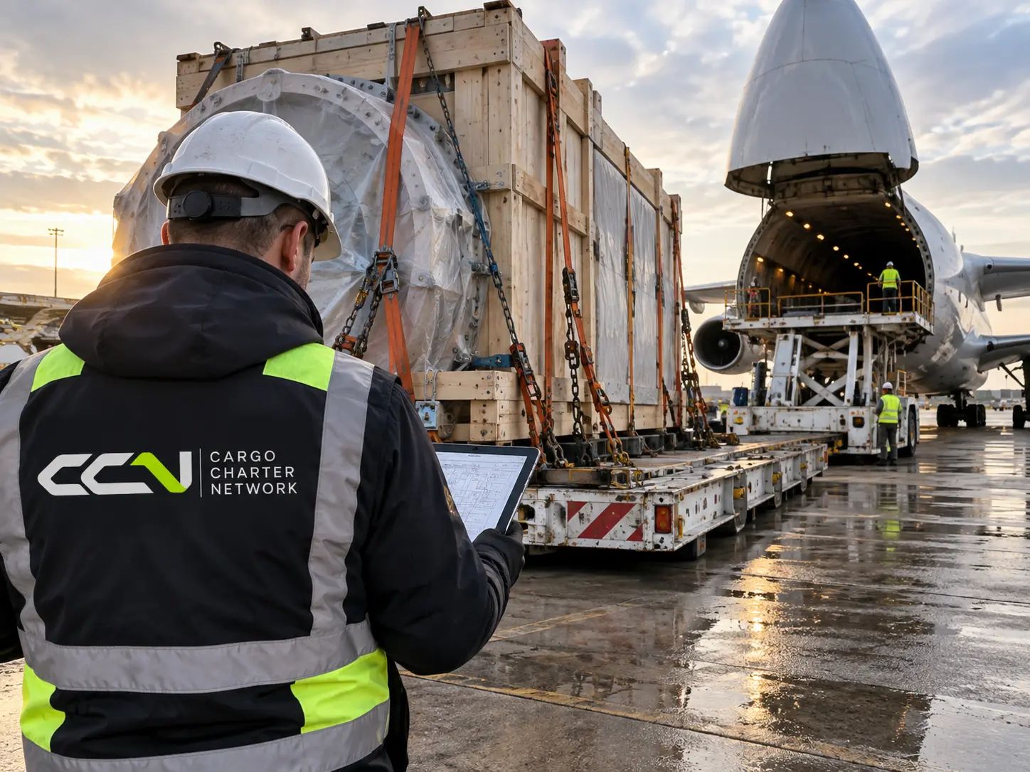 Staff member in a hard hat checking a load plan by a lashed wooden crate at a jumbo freighter