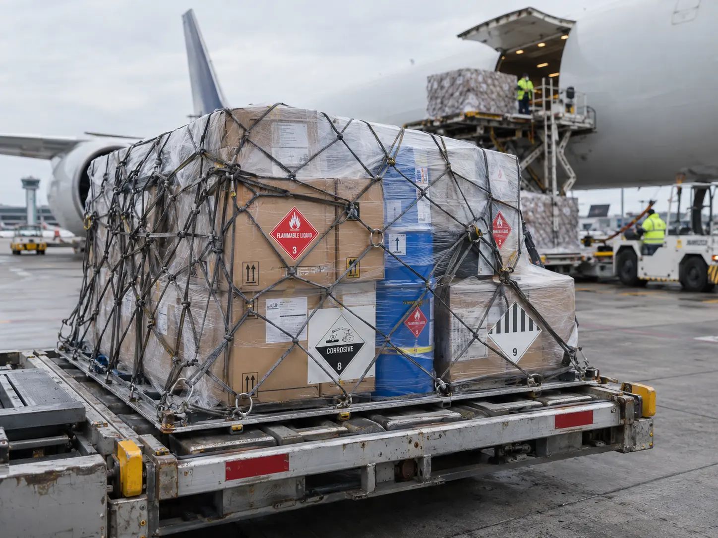 Netted pallet of mixed dangerous goods in front of a freighter with open cargo door