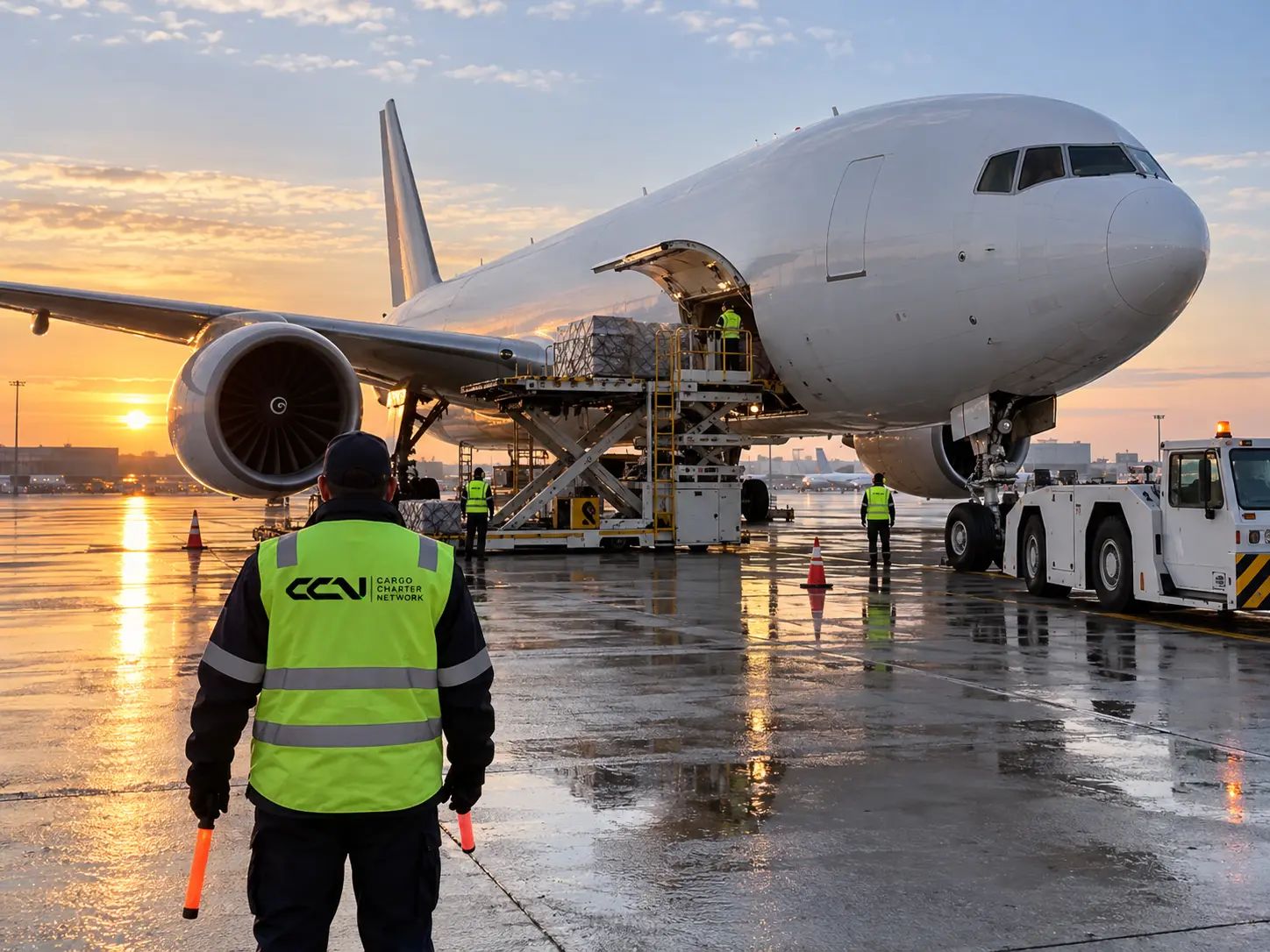 Marshaller with light wands in front of a freighter being loaded at sunrise